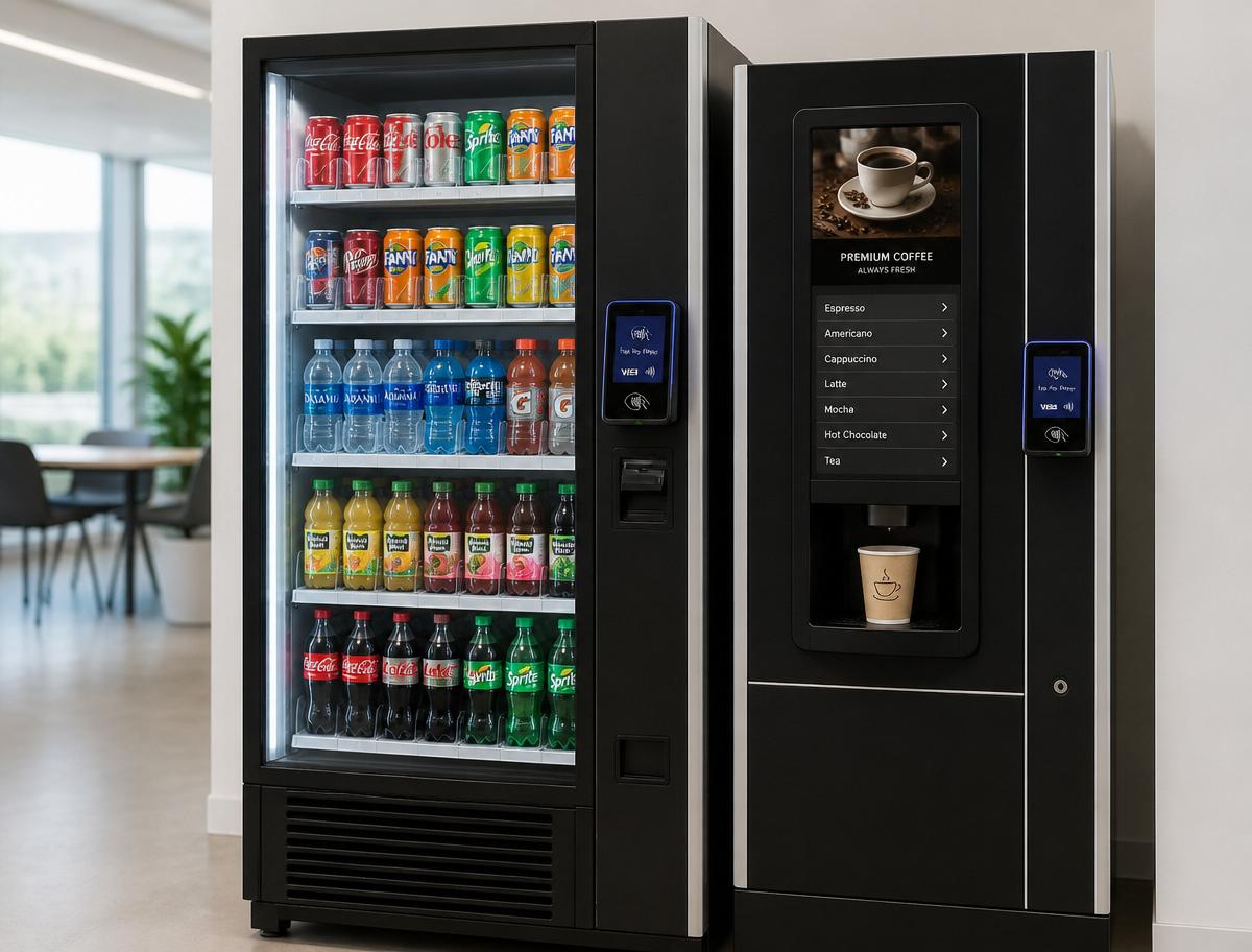 Full-size drink vending machine stocked with cans and bottles next to a coffee vending machine, both fitted with cashless tap-to-pay card readers
