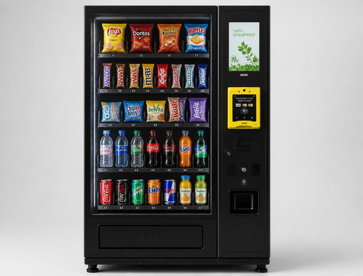 Fully stocked combo vending machine with snacks, drinks and yellow Nayax cashless card reader